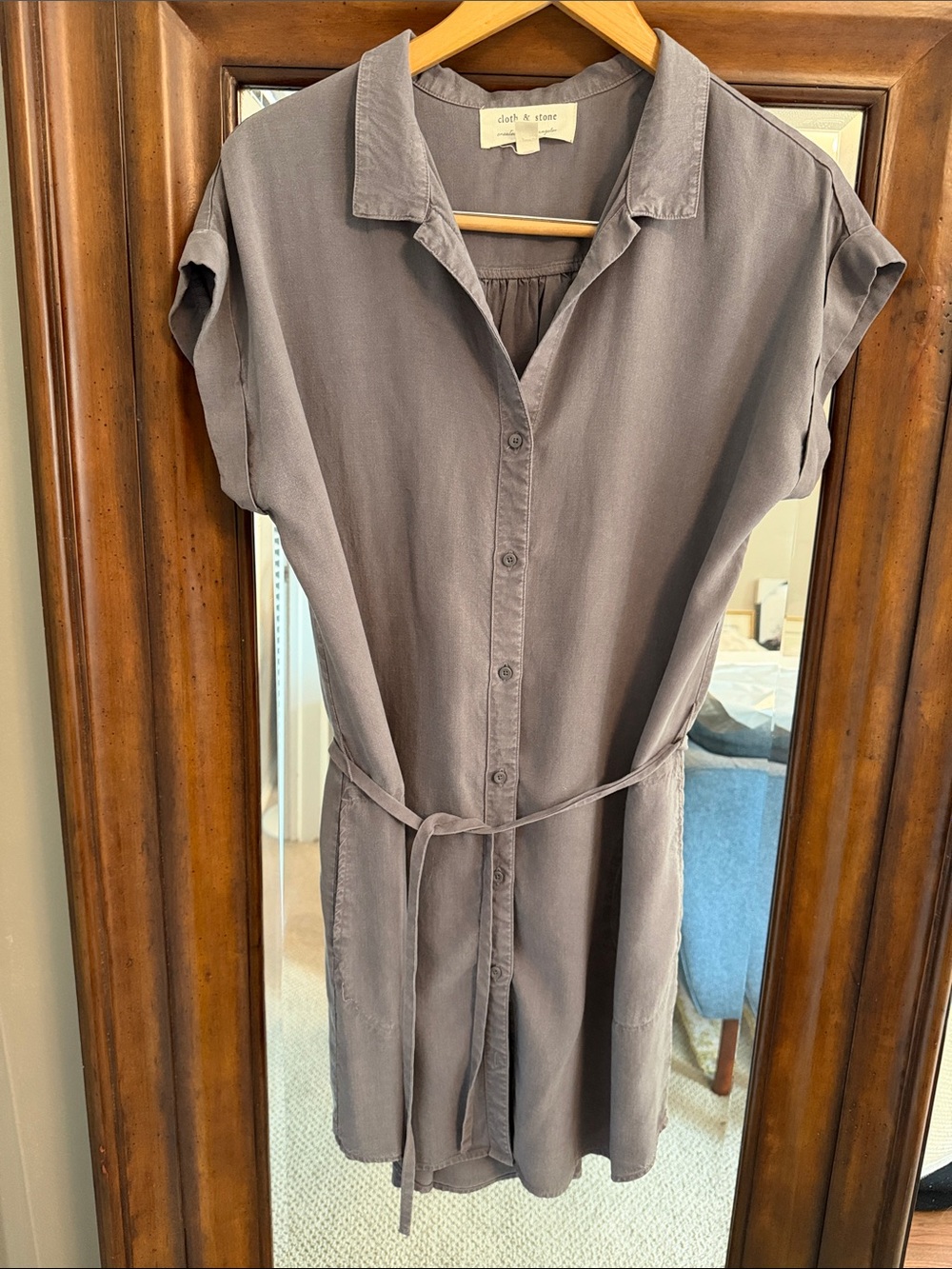 Cloth & Stone  Gray Button-Front Midi Shirt Dress with Tie Waist